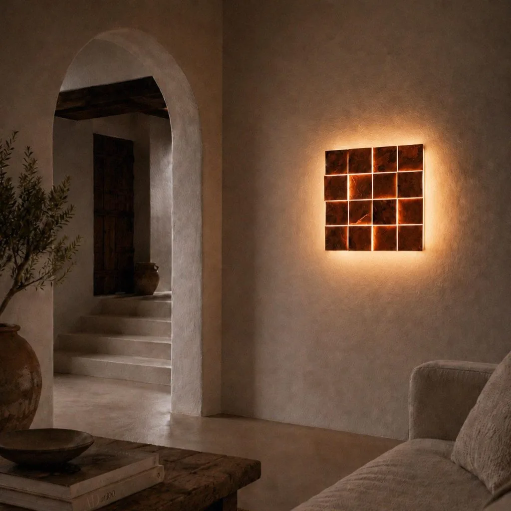 A copper Aurora lit beside a whitewashed arch