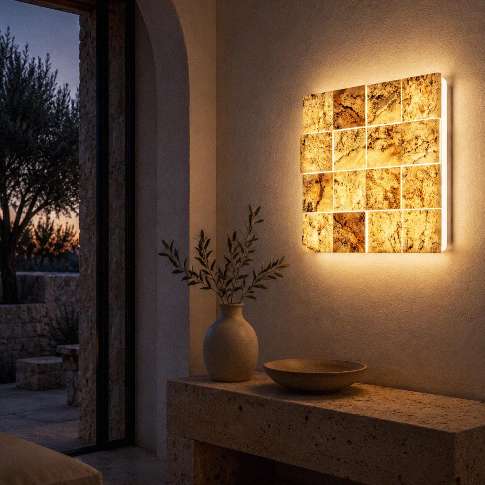 An alabaster Aurora lit beside a window at dusk